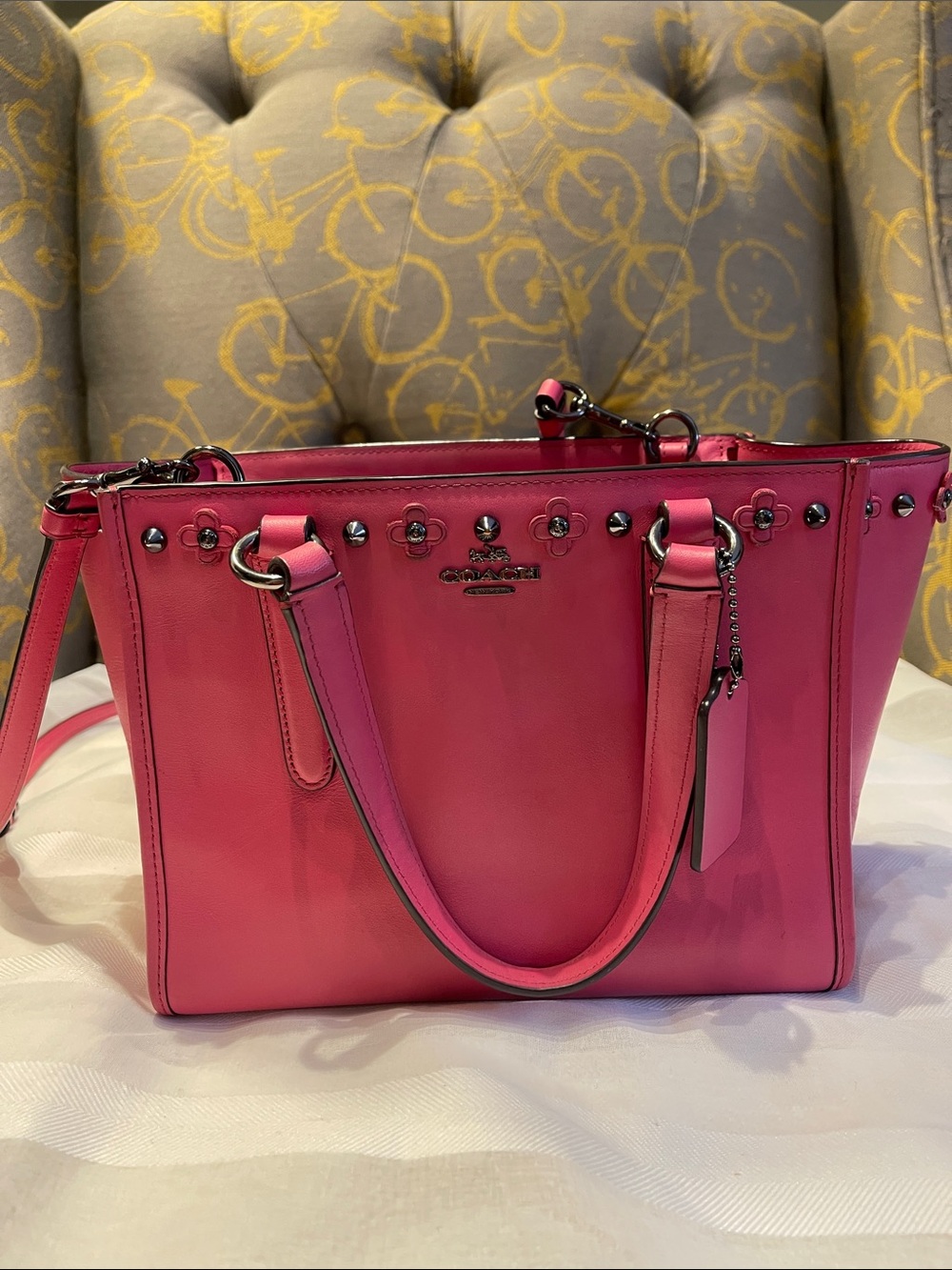 Coach Pink Leather Shoulder Tote with Floral Studs